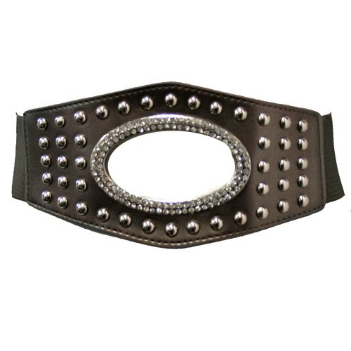 Gray Wide Silver Studded Cinch Belt With Large Rhinestone Oval