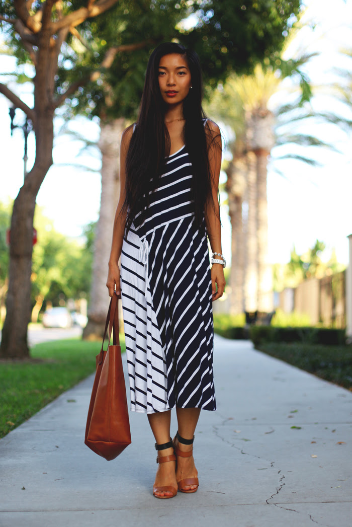 Stephanie Liu of Honey & Silk wearing Three Dots dress, Zara heels and Madewell tote.