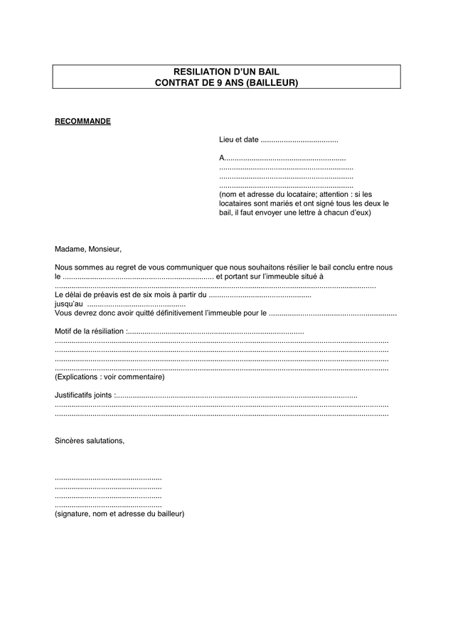 exemple de lettre de resiliation de bail