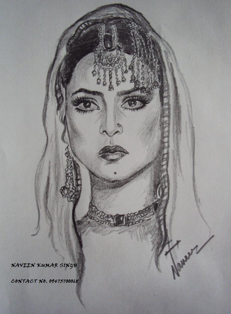 Pencil Sketch Of Bollywood Actress Rekha DesiPainters.com