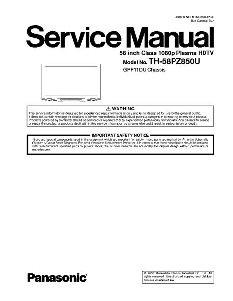PDF Panasonic Th 58pz850u Service Manual Repair Guide