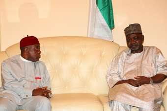 Gov. Theodore Orji of Abia state, Chairman South-east governors forum condoling with Vice President Namadi Sambo when he led a delegation of some south-east governors on a condolence visit to the VP in Abuja.