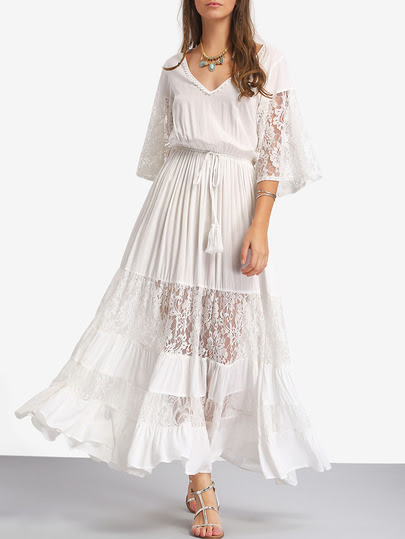 White Lace V Neck Tie Waist Maxi Dress pictures