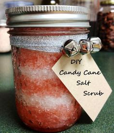 Candy Cane Salt Scrub: 1 cup sea salt, 1 cup epsom salt, 1/3 cup liquid coconut oil, six drops peppermint essential oil