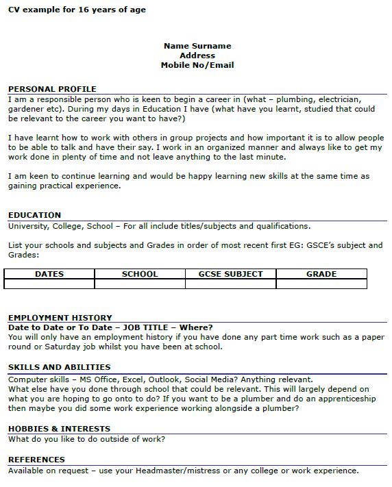 CV Example for 16 Year Olds - icover.org.uk