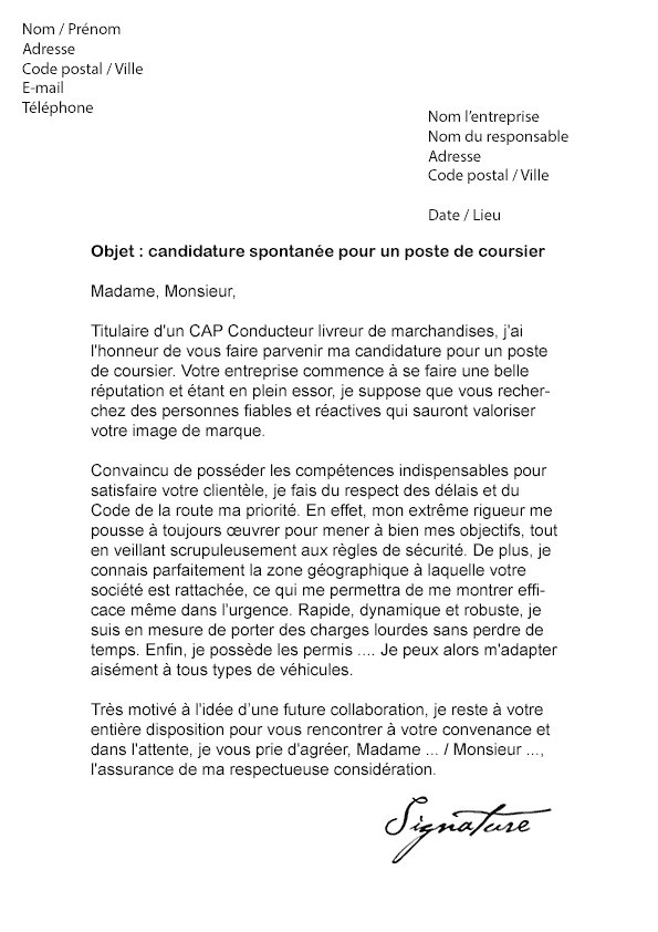 Lettre de motivation Coursier (sans expérience) - Modèle 