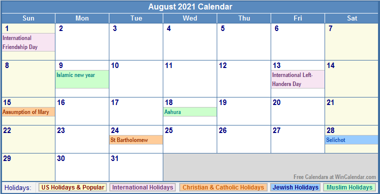 August 2021 Calendar with Holidays - as Picture