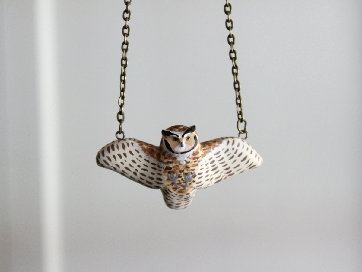 Great horned owl in flight necklace MADE TO ORDER - HandyMaiden