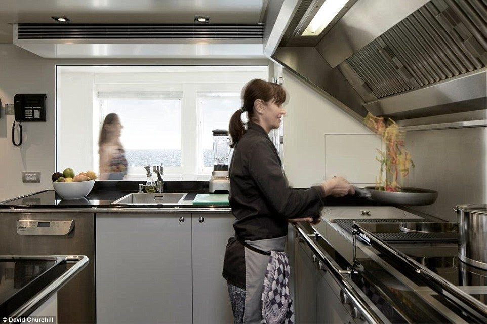 The yacht's kitchen is decked out with top-of-the-range appliances, so decadent feasts can be rustled up by the in-house chef