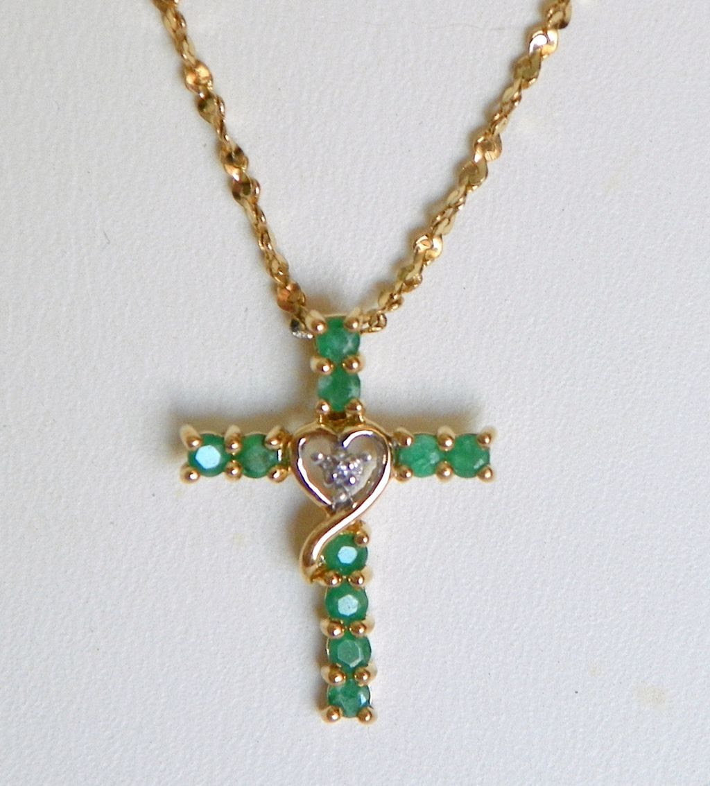 10 KT Gold Emerald Diamond Cross Necklace Marked