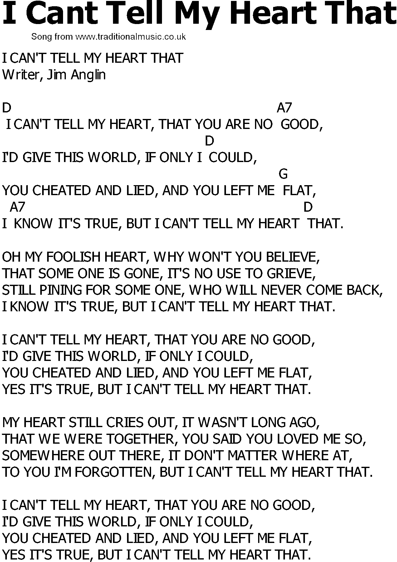 Old Country Song Lyrics With Chords I Cant Tell My Heart That