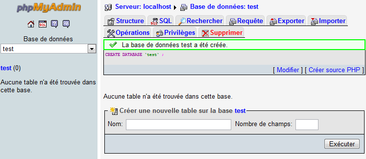 La base de test a été créée, vide