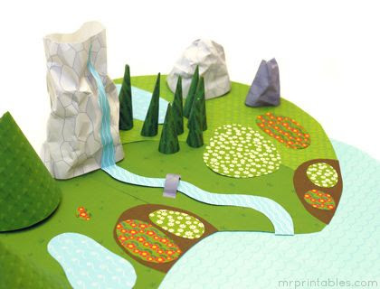 printable paper world where you create the scene of your choice- mountains, lakes, cities, busy roads, farms, etc