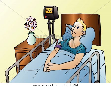patient lies in a hospital bed with a thermometer in his mouth