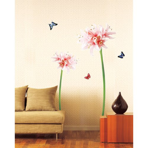 Decowall, DP-08068, Géants fleurs de lys roses et des papillons stickers muraux | paroi murale | sticker mural