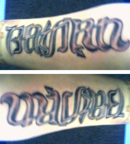 "Nathan" & "Michael" Ambigram Tattoo. This ambigram as a finished tattoo!