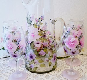 Large Pitcher W/ Set Of 4 Glasses Pink Purple Flowers ...