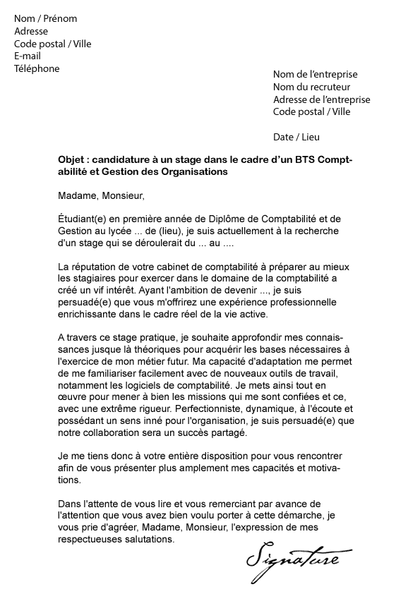 Lettre de motivation Stage BTS CGO - Modèle de Lettre