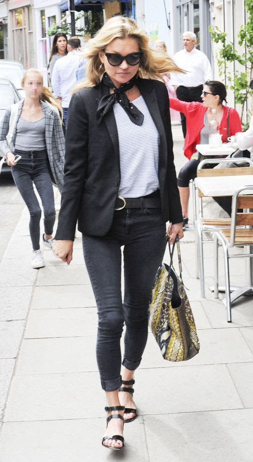 Le Fashion Blog Model Style Kate Moss Tied Neck Scarf Black Blazer Belt Cropped Jeans Sandals Multicolor Printed Tote Bag Via Harpers Bazaar