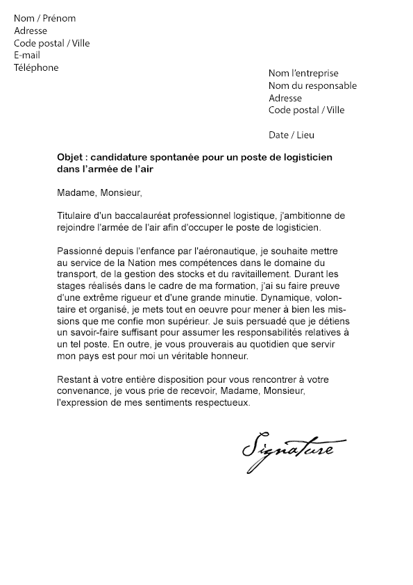 Lettre de motivation Armée de l'Air (Technicien de l'air)