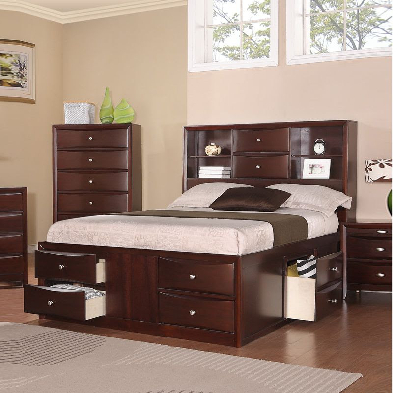 Modern Espresso Bookcase Headboard Queen King Storage Captains Bed ...