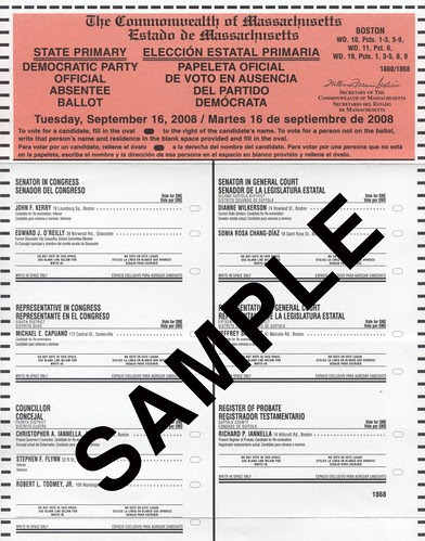 Commonwealth of Massachusetts State Primary Ballot - Tuesday, September 16th, 2008