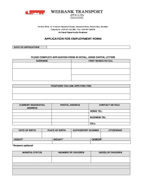 Fillable APPLICATION FOR EMPLOYMENT FORM - Wesbank Transport