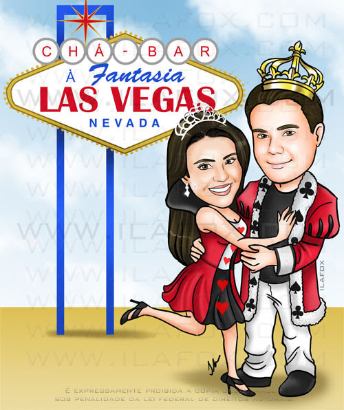 Caricatura colorida, corpo inteiro, rei e rainha de copas, chá bar, placa Las Vegas, Welcome to Las Vegas, festa a fantasia, by ila fox