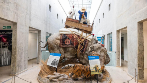 A sculpture of an elephant being killed by elephant hunters on its back at the Royal Armouries museum in Leeds.