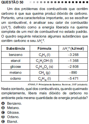 Questão 50 do Enem – 2011 sobre termoquímica 