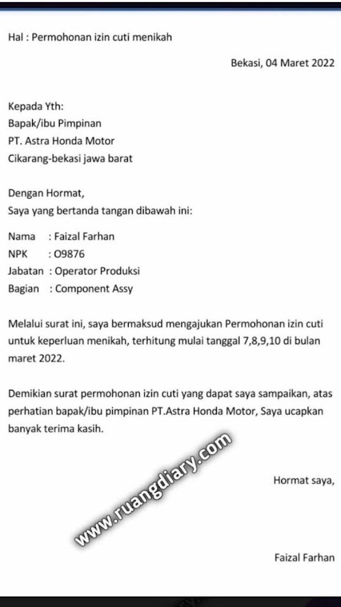 contoh surat rasmi cuti sekolah