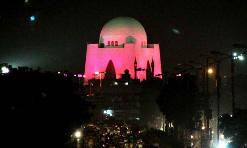 Quaid-i-Azam mausoleum seen illuminated with pink light in connection with breast cancer awareness. —Online