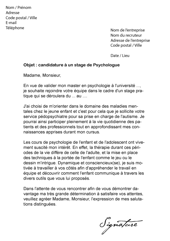 Lettre de motivation Stage Psychologue - Modèle de Lettre