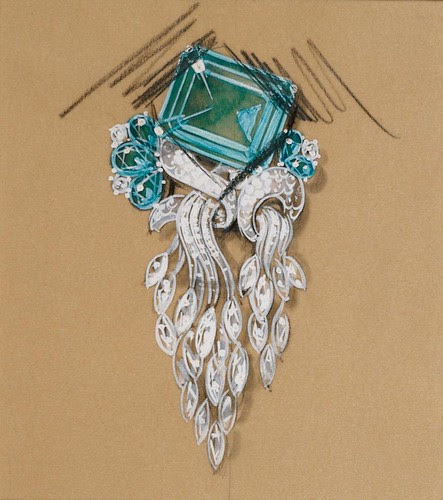 Cartier brooch design (Platinum setting with blue topaz and cascading diamonds)