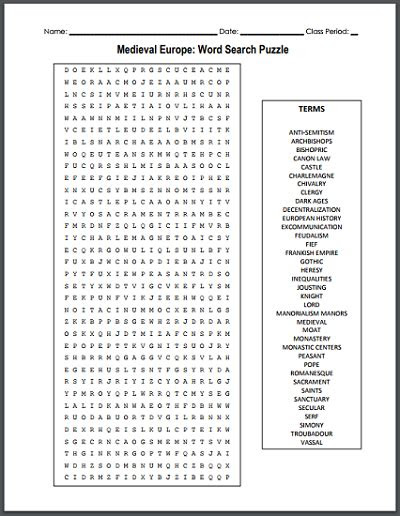  middle ages word search puzzling challenge activity shelter