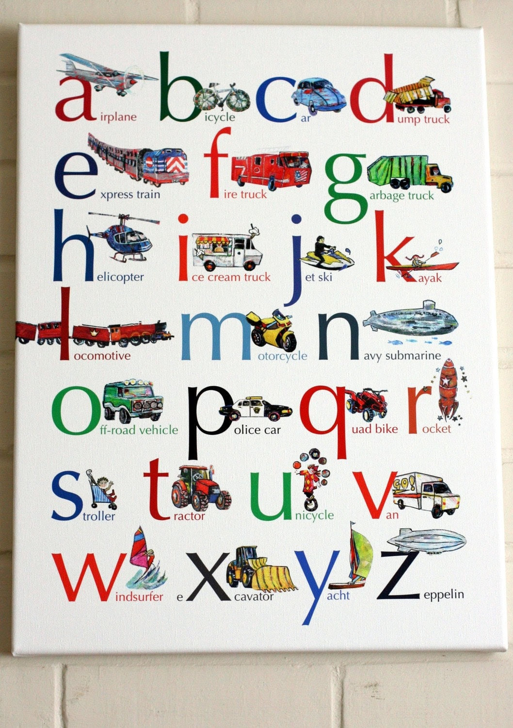 Vehicles ABC alphabet canvas 15x20