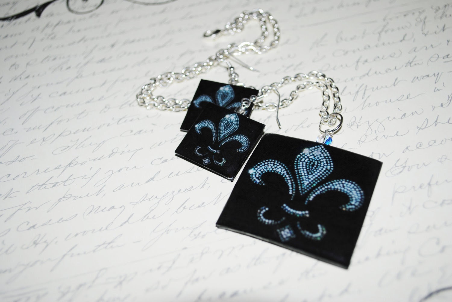Fleur De Lis Necklace and Earring Set.  Black & Silver.  Shiny and Sparkly,  special pricing on a set.