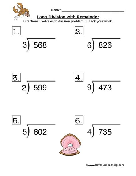3 digits divided by 1 digit, 3 digits divided by 2, 4 (or 5 or 6) digits by 2, and so on. long division remainder worksheet have fun teaching