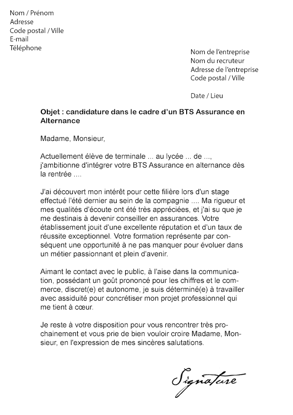 Lettre de motivation BTS Assurance (Alternance) - Modèle Lettre de motivation BTS Assurance (Alternance) - Modèle