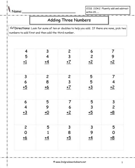  adding three single digit addition worksheets 2nd grade math
