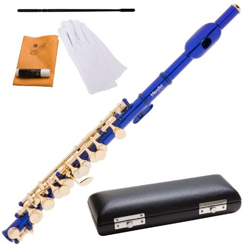 Mendini MPO-BL Blue Lacquer Key of C Piccolo with Gold Keys with Case, Joint Grease, Cleaning Cloth and Rod, and Pair of Gloves