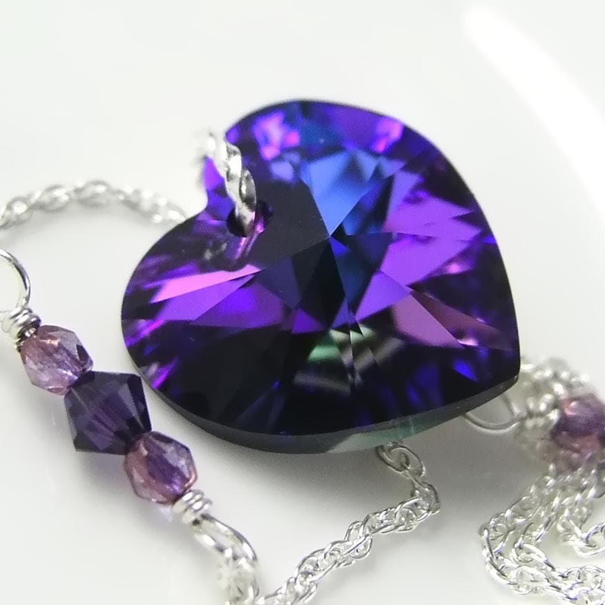 Blue Purple Heart Necklace Sterling Silver Swarovski Crystal Heart Cobalt Plum Crystal Heart Pendant Necklace