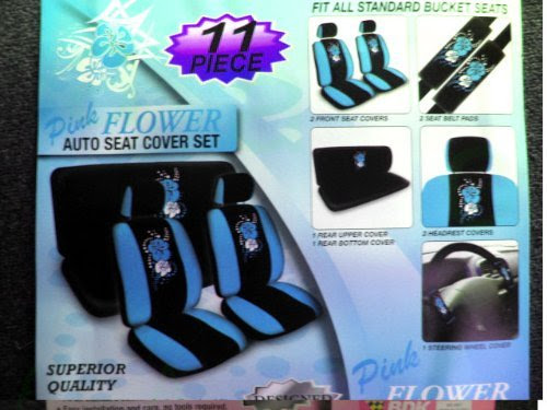 11 -Piece Auto Interior Gift Set - 2 Hawaii Aloha Blue Front Low Back Bucket Seat Covers, 2 Hawaii Aloha Blue Head Rest Covers, 1 Hawaii Aloha Blue Steering Wheel Cover, and 2 Hawaii Aloha Blue Shoulder Harness Pressure Relief Covers