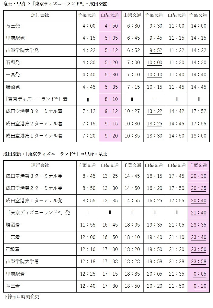高速バス 竜王 甲府 成田空港線 東京ディズニーランド 経由の運行開始について 山梨交通株式会社
