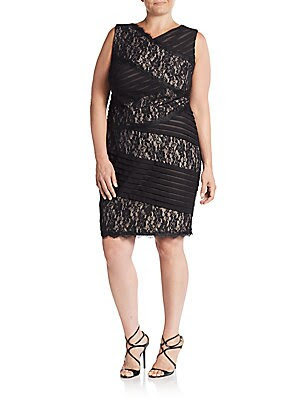 Lace & Pleated Mesh Sheath Dress