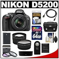 Nikon D5200 Digital SLR Camera & 18-55mm G VR DX AF-S Zoom Lens with 64GB Card + Battery + Case + 3 Filters + Tele/Wide Lenses + Remote + HDMI Cable + Accessory Kit