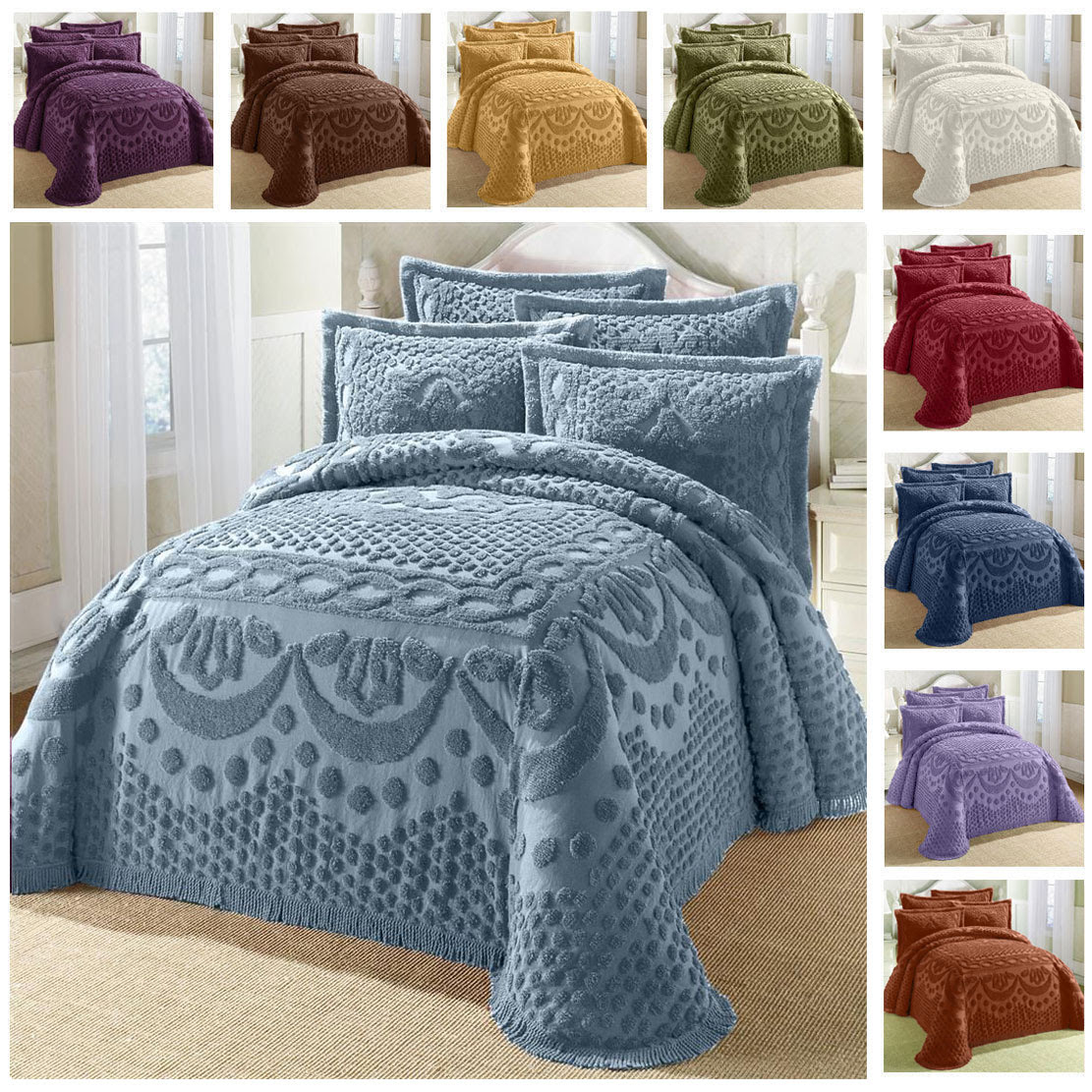 GreenHome123 100-Percent Cotton Chenille Bedspread with Latticework Pattern in Twin Full Queen ...
