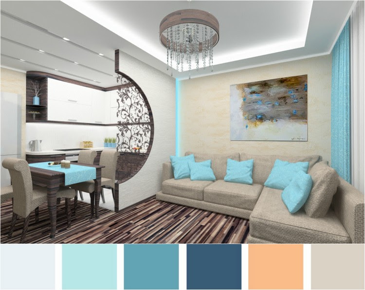 wohnzimmer-türkis-braun-beige-esszimmer-kronleuchter-laminatboden-wanddeko-wandbild