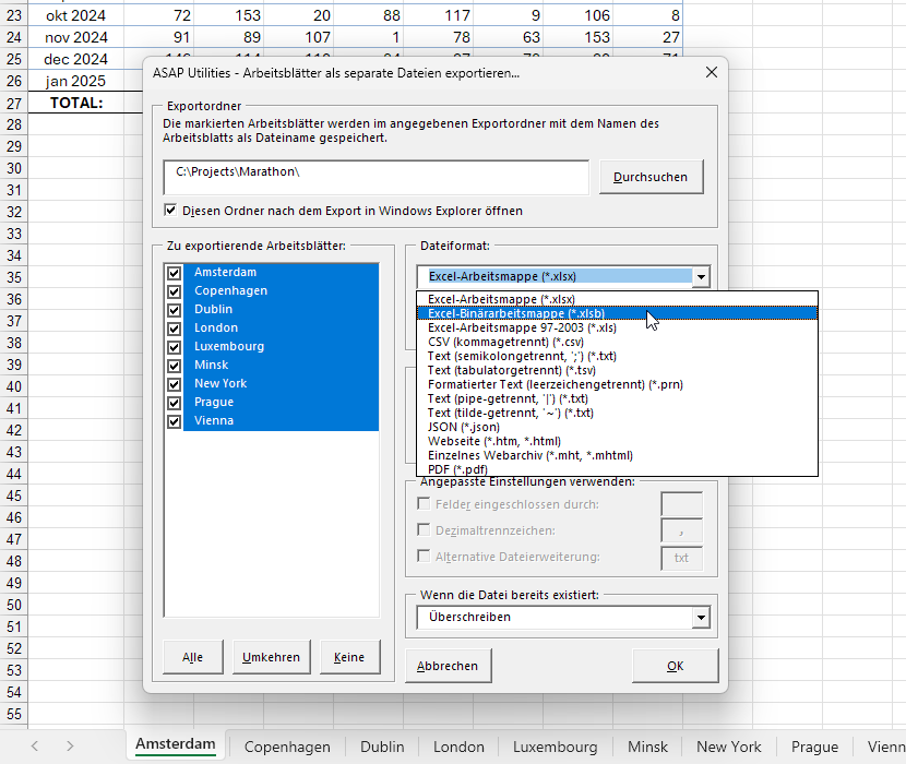 Asap Utilities For Excel Blatter Arbeitsblatter Als Separate Dateien Exportieren Asap Utilities Eine Beschreibung Seiner Excel Tools Deutsch German