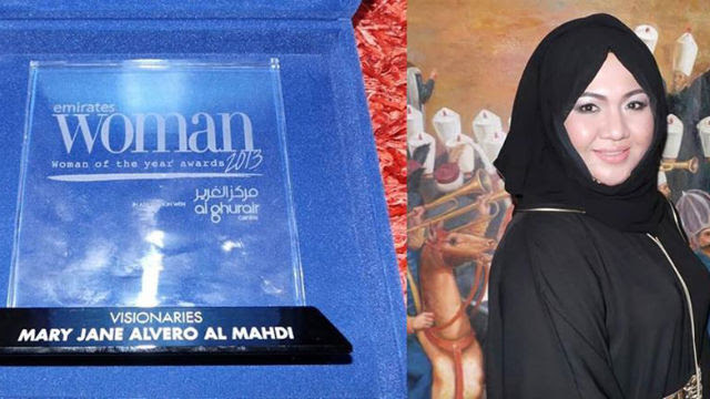 VISIONARY. Filipina Mary Jane Alvero Al Mahdi is honored with UAE's Woman of the Year Award 2013. Photo from Mary Jane's Facebook page.